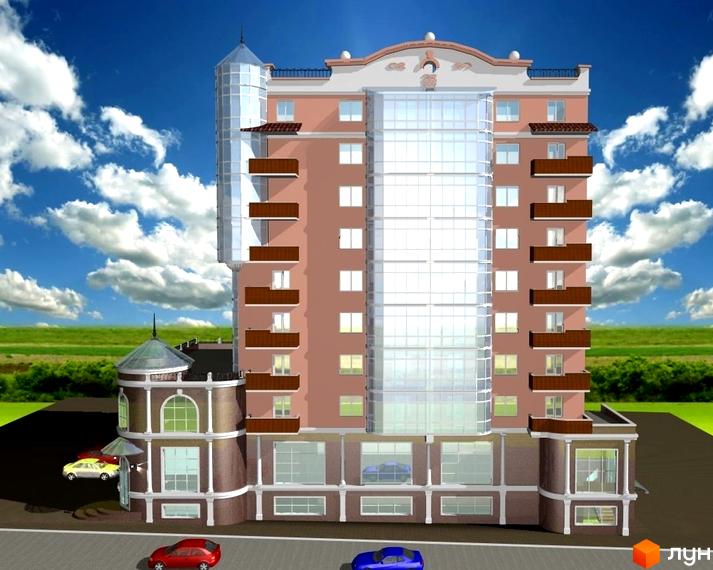 Зовнішній вигляд новобудови ЖК Преміум з скляним фасадом та балконами. На прибудинковій території видно автомобілі.