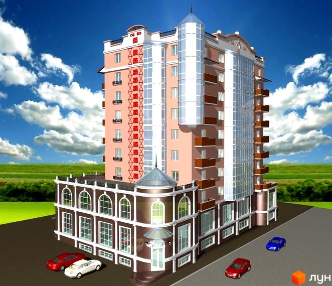 Житловий комплекс Преміум - це багатоповерхова новобудова з панорамним склінням та балконами. Навколо будівлі облаштована прибудинкова територія з дорогою та автомобілями.