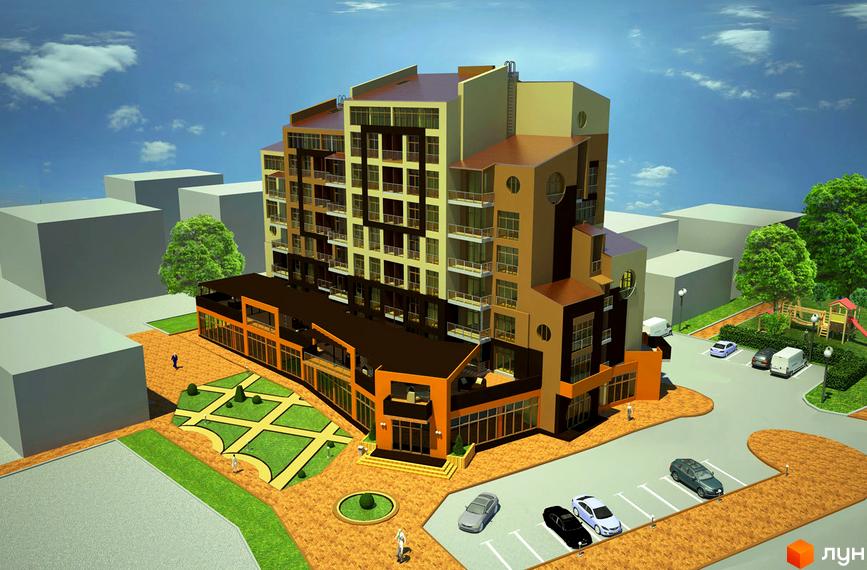 Новобудова ЖК Рів'єра з багатоповерховими секціями та комерційними приміщеннями на першому поверсі. Навколо будинку облаштована прибудинкова територія з паркуванням та зеленими зонами.