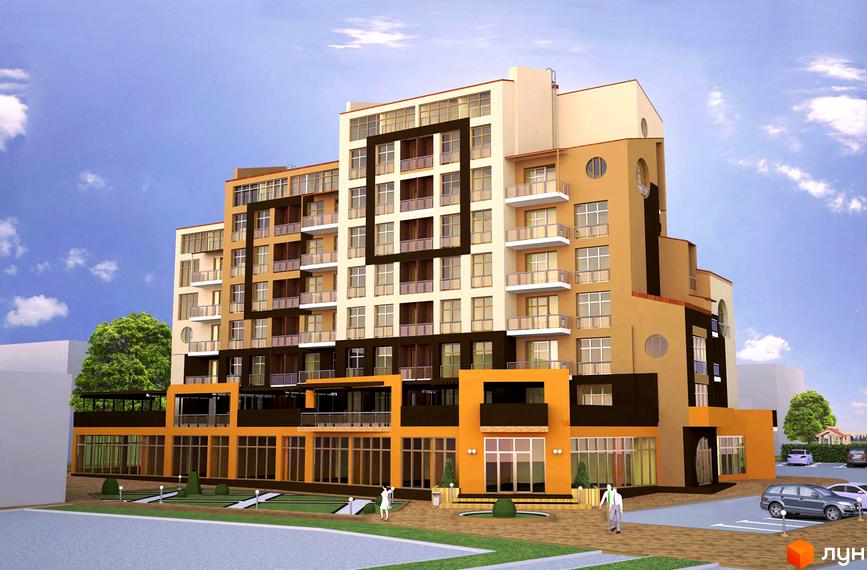 Новобудова ЖК Рів'єра з фасадом в бежево-коричневих тонах, великою кількістю скління та балконами. Прибудинкова територія з парковкою та зеленими насадженнями.