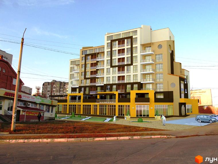 Житловий комплекс Рів'єра - це багатоповерхова новобудова з фасадами бежевого та білого кольорів, з великою кількістю балконів та вікон. Перед будинком розташована прибудинкова територія з зеленими насадженнями та місцями для відпочинку.