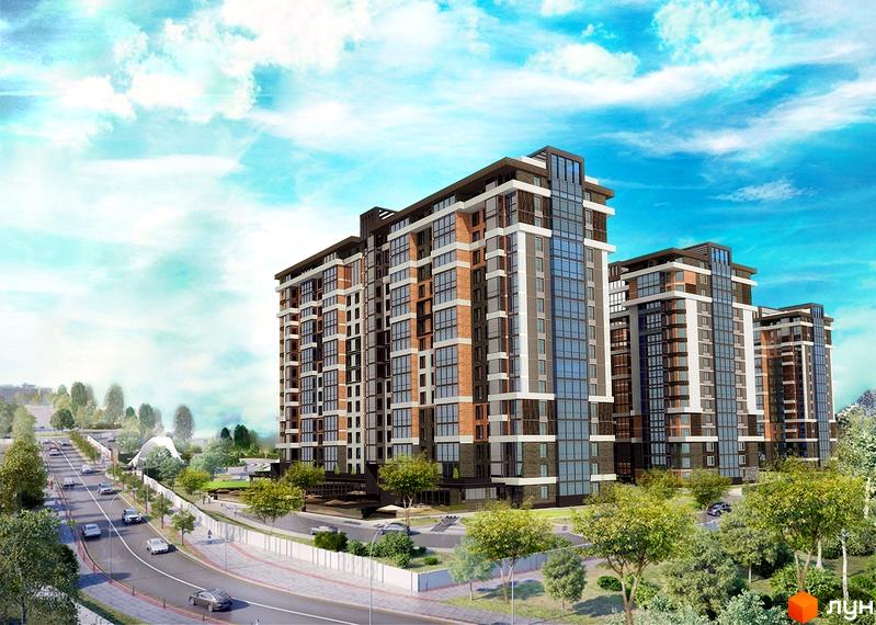 Житловий комплекс Маршал-Сіті. Високі будинки з великими вікнами та цегляними фасадами. Поруч дорога з автомобілями та зелені насадження.