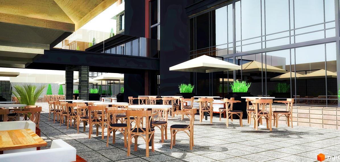 Житловий комплекс Маршал-Сіті. Фото екстер'єру з терасою та вуличними меблями. Зовнішній вигляд комплексу з великими вікнами та навісами.