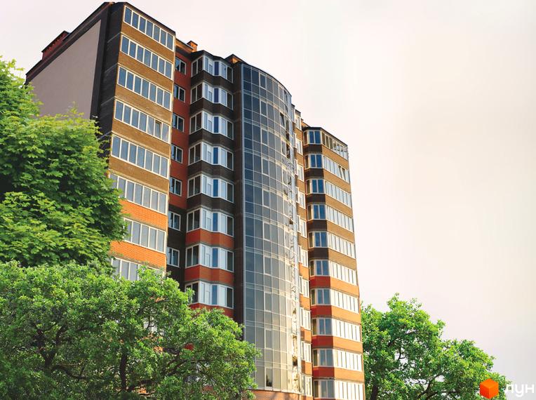 Житловий комплекс Грандбуд з багатоповерховими секціями та скляним фасадом. Навколо будівлі зелені дерева.