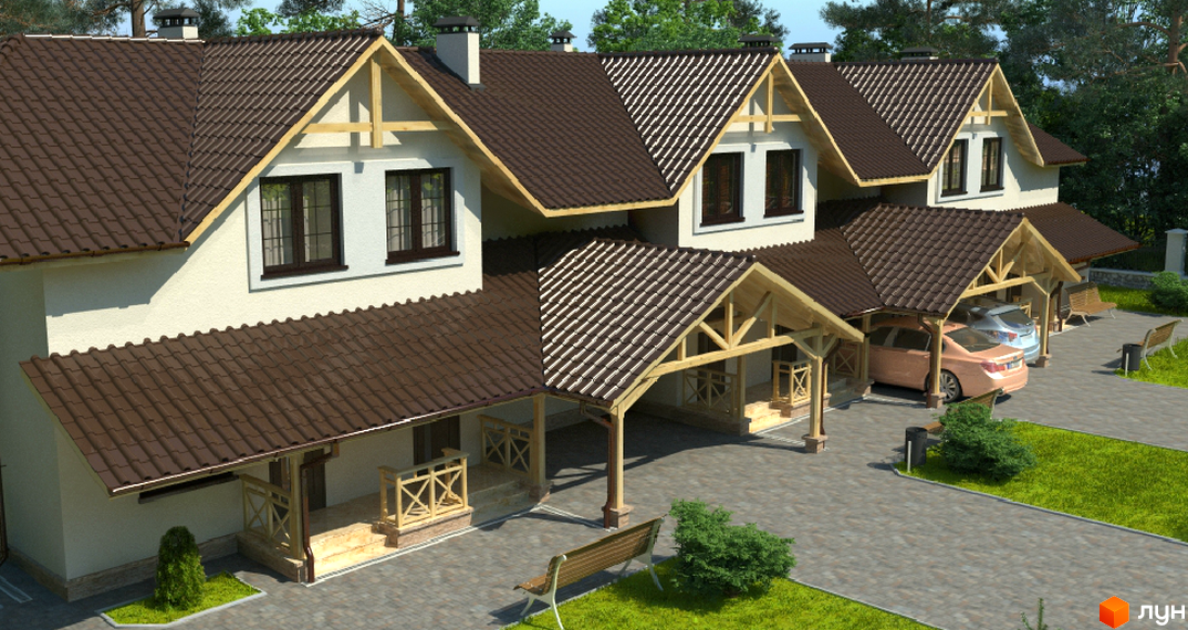 Зовнішній вигляд житлового комплексу з коричневим черепичним дахом та прибудинковою територією з парковкою та зеленими насадженнями. Одеська, 1.