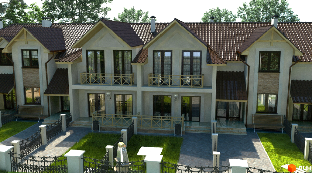 Фасад житлового комплексу на вул. Одеська з коричневим черепичним дахом та балконами. Прибудинкова територія з доріжками та огорожею.