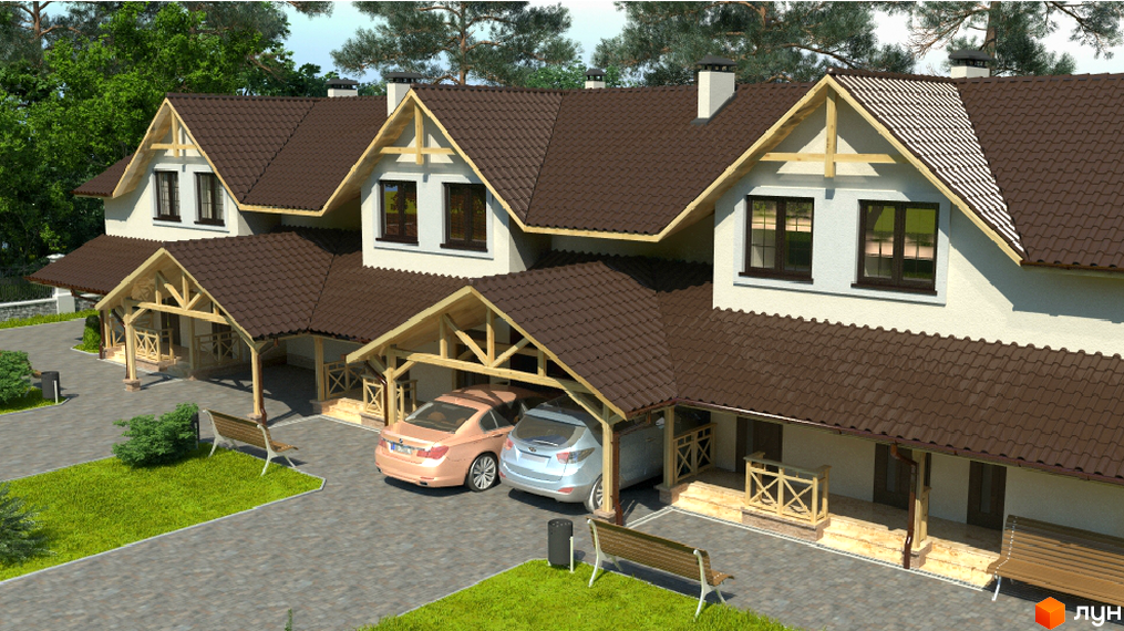 Зовнішній вигляд багатоповерхового будинку з коричневим дахом та прибудинковою територією з паркуванням та зеленими насадженнями. Новобудова на вул. Одеська.