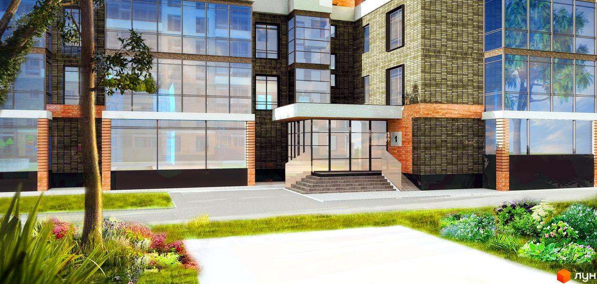 Житловий комплекс Маршал-Сіті: будівля з цегляним фасадом, великими вікнами та входом зі сходами. Прибудинкова територія озеленена квітами та травою.