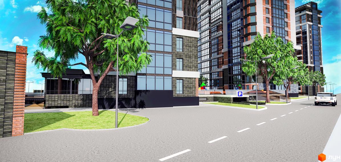 Зовнішній вигляд ЖК Маршал-Сіті з озелененою територією та дорогою. Новобудова з сучасним фасадом та великими вікнами.