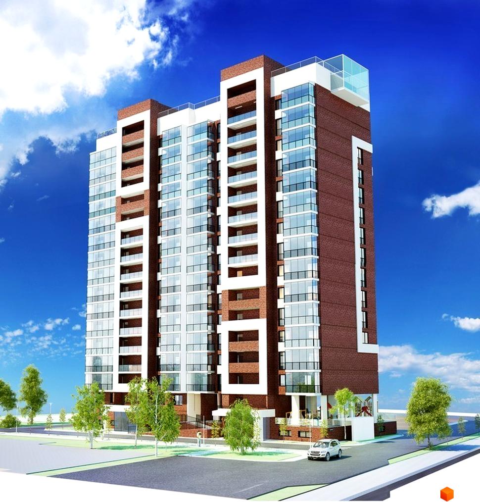 Житловий комплекс Парковий бульвар: висотна новобудова з цегляним фасадом та скляними балконами на тлі блакитного неба. Прибудинкова територія з деревами та дорогою.