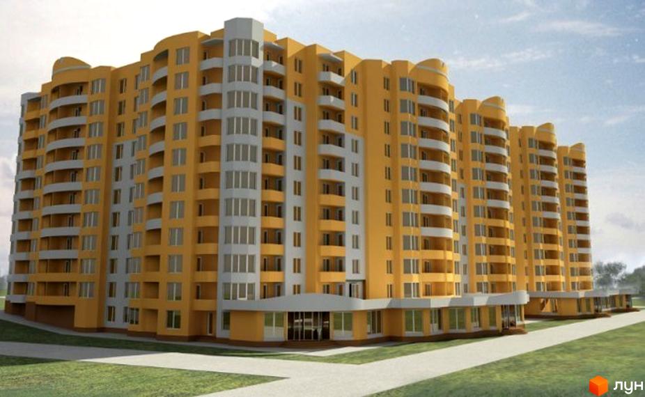 Житловий комплекс Грузевиця-2, корпус 4: яскрава жовто-сіра новобудова з численними балконами та панорамними вікнами. Навколо будинку зелена територія з доріжками.