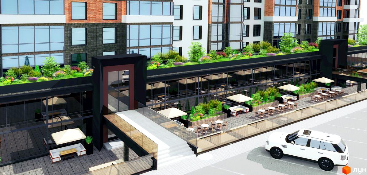 Зображення сторінки житлового комплексу. Багатоповерховий будинок з скляними вікнами, терасою з столиками та зеленню. На території є білий автомобіль.