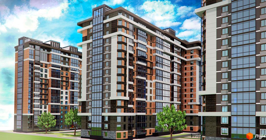 Зображення ЖК Маршал-Сіті. Багатоповерхові будинки з великими вікнами та оздобленням з цегли. На території комплексу є зелені насадження.