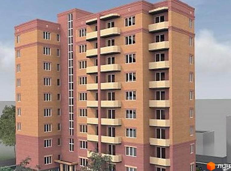 Житловий комплекс Відродження - це сучасна новобудова з цегляним фасадом та балконами. Навколо будинку зелені насадження та дерева.