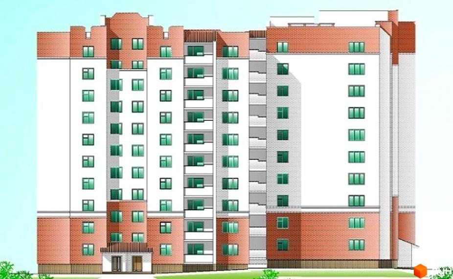 Зовнішній вигляд житлового комплексу на вул. Лісогринівецька, 4/1. Багатоповерховий будинок з цегляними та білими фасадами, зеленими вікнами та балконами. Навколо будинку зелені насадження.