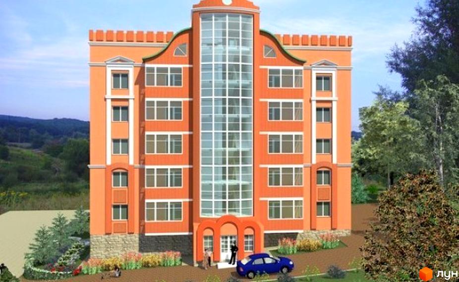 Фасад житлового комплексу на вул. Козацька, 38, з оранжевим оздобленням та скляним центральним елементом. Навколо будинку розташована зелена зона з деревами та квітами, а також автомобіль.