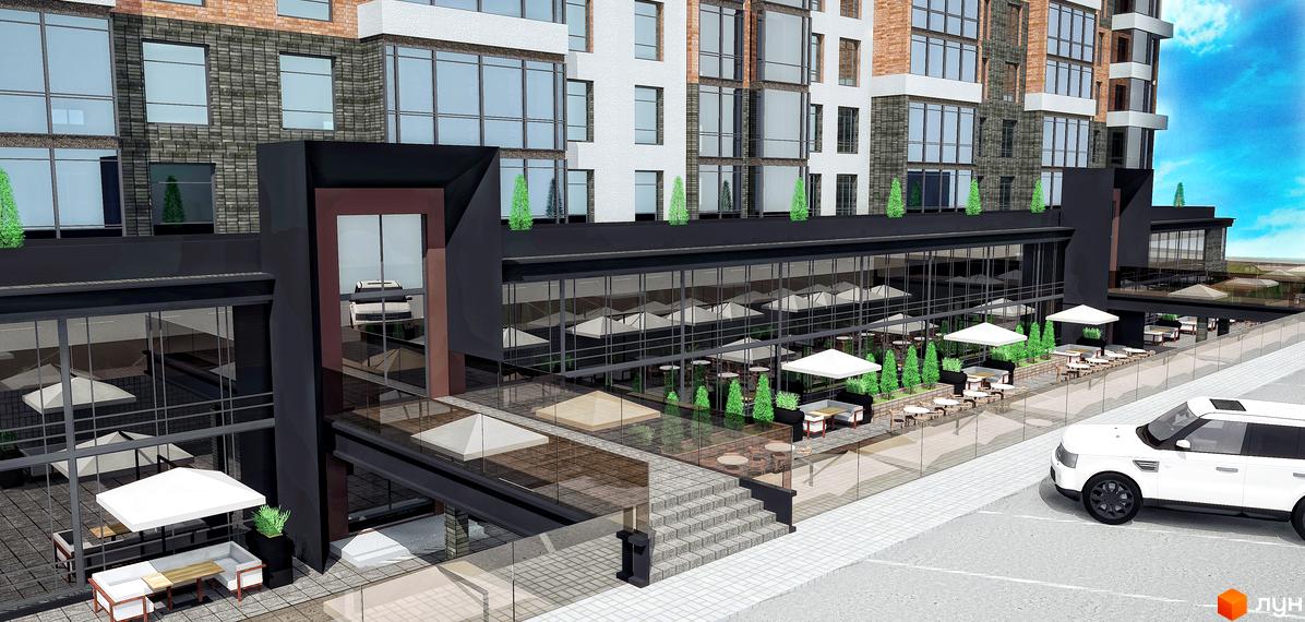 Зовнішній вигляд будівлі Житловий комплекс Маршал-Сіті. Фасад будівлі з панорамними вікнами, терасами та місцями для відпочинку. На території є парковка для автомобілів.