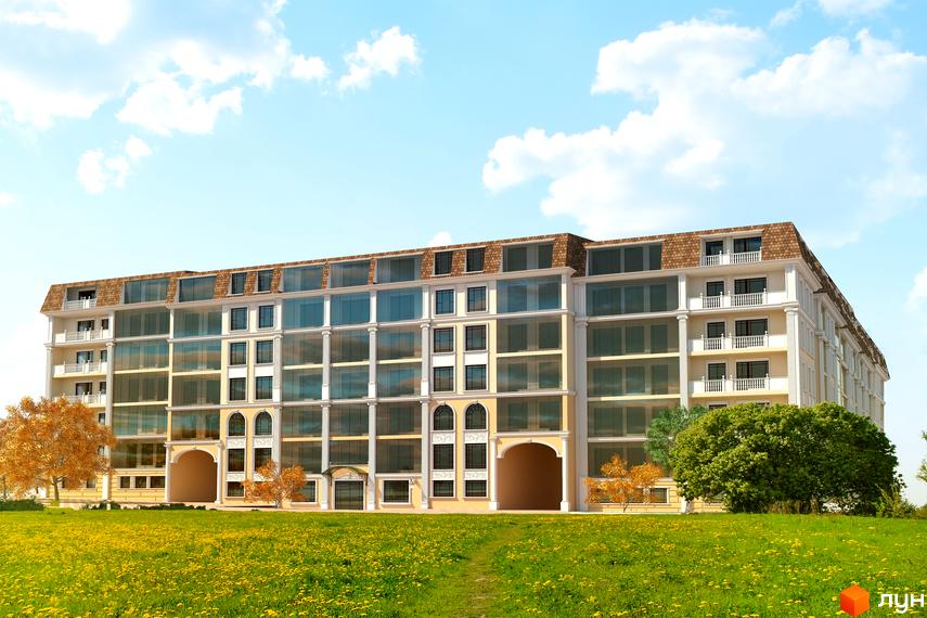 Житловий комплекс Club Marine: п'ятиповерхова новобудова з великими вікнами та балконами, фасади оздоблені колонами. Навколо будинку зелена галявина з квітами та дерева.