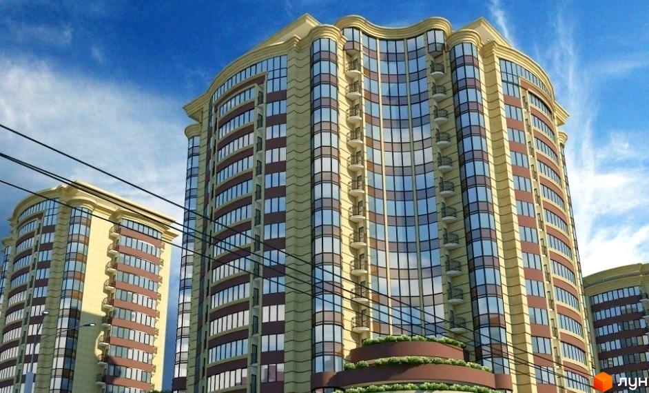 Житловий комплекс Grand Palace - це висотні будівлі з панорамним склінням, балконами та декоративними елементами фасаду. Навколо будівель розташовані зелені зони та елементи ландшафтного дизайну.
