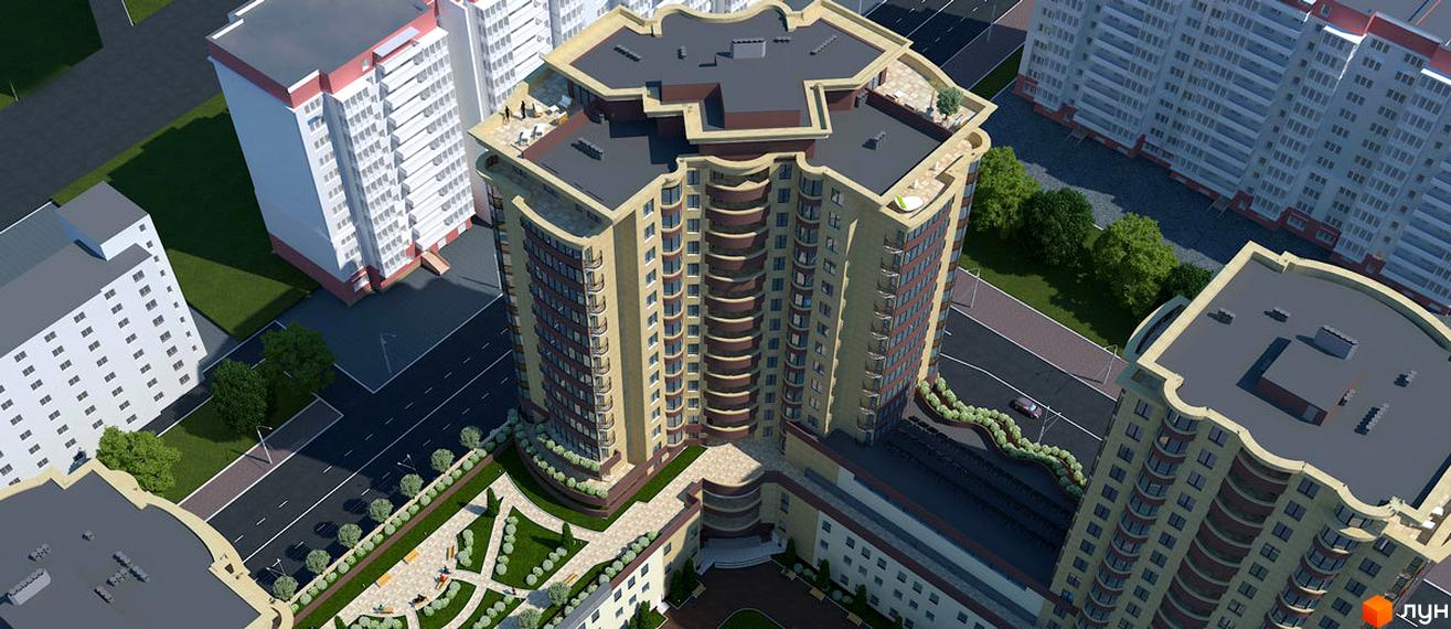 Житловий комплекс Grand Palace - це багатоповерховий будинок з вигнутими фасадами та балконами. Навколо комплексу облаштована прибудинкова територія з зеленими насадженнями та зонами для відпочинку.