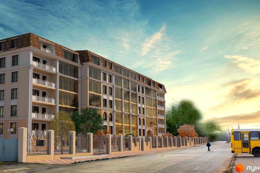 Зовнішній вигляд житлового комплексу Club Marine з багатоповерховими будинками, балконами та великими вікнами. Навколо будинку розташована огорожа та дорога з автобусом.