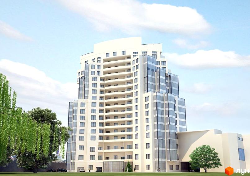 Зовнішній вигляд житлового комплексу на вул. Бандери (Рибалко), 2/1, з білими фасадами та скляними елементами. Навколо будинку зелені насадження та дерева.