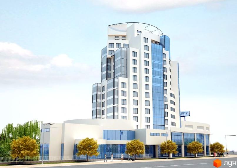 Зовнішній вигляд новобудови на вул. Бандери (Рибалко), 2/1. Багатоповерховий будинок з білою та скляною обшивкою, поруч зелені дерева та невелика прибудинкова територія.