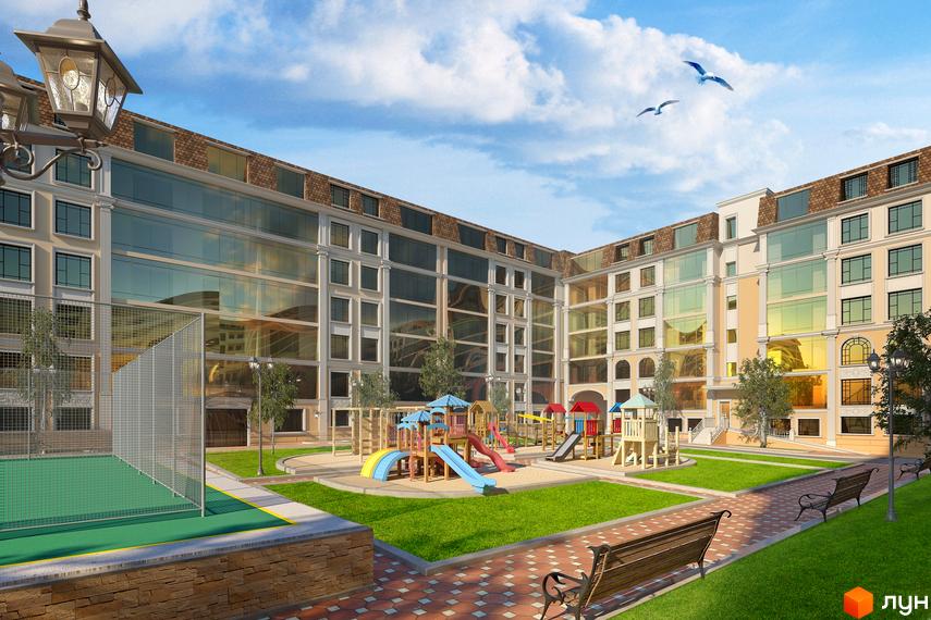 Новобудова ЖК Club Marine з великими вікнами та внутрішнім двориком з дитячим майданчиком та спортивною зоною. Сучасний житловий комплекс для комфортного життя.