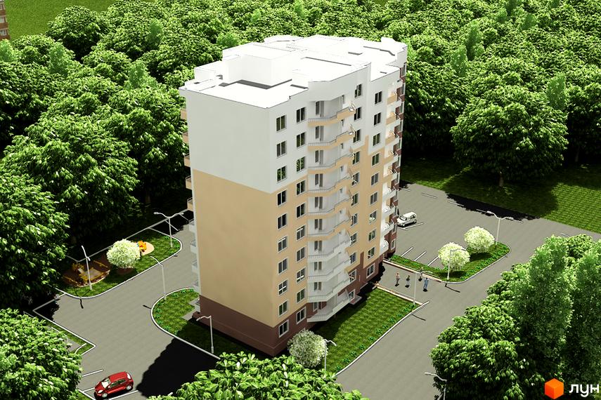 Зовнішній вигляд багатоповерхового будинку на вул. Зарічанська, 14/4а, з прибудинковою територією та зеленими насадженнями. Комплекс оточений деревами, має парковку та дитячий майданчик.