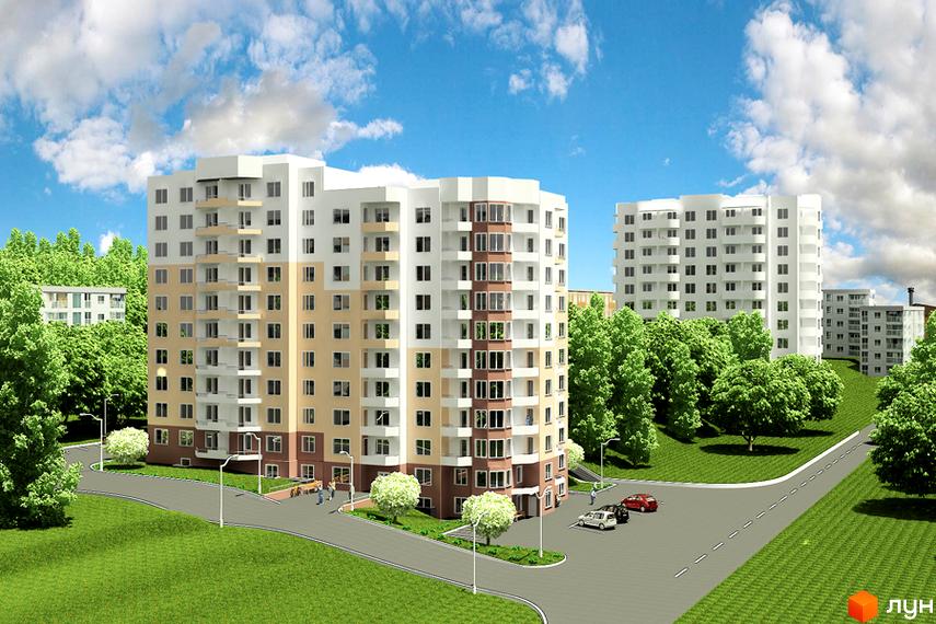 Зовнішній вигляд житлового комплексу на вул. Зарічанська, 14/4а, з багатоповерховими будинками та зеленою прибудинковою територією. На зображенні видно автомобілі та пішоходів біля входу.