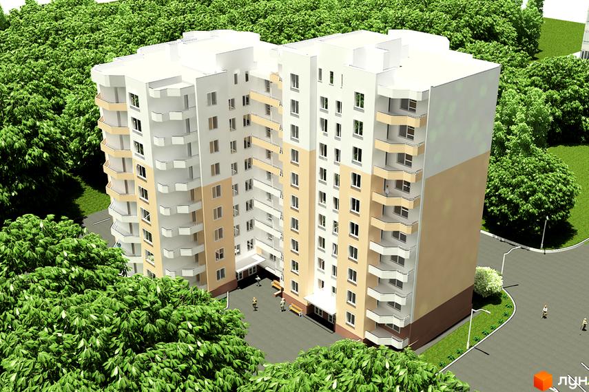 Зовнішній вигляд новобудови на вул. Зарічанська, 14/4а, з балконами та вікнами. Навколо будинку зелені дерева та доглянута прибудинкова територія з доріжками.