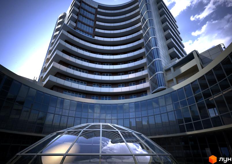 Житловий комплекс Панорама на Виставці - сучасна архітектура з вигнутими фасадами та скляним куполом. Зовнішній вигляд новобудови вражає масштабом та елегантністю.