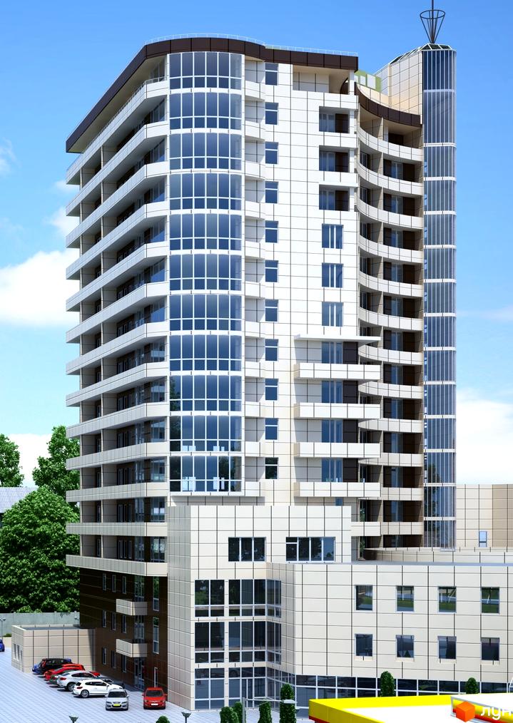 Житловий комплекс Панорама на Виставці – висотна будівля з панорамними вікнами та балконами. Навколо будівлі розташовані дерева та парковка з автомобілями.