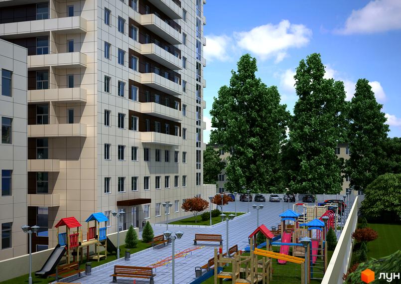 Житловий комплекс Панорама на Виставці. Зовнішній вигляд багатоповерхового будинку з балконами та прибудинкова територія з дитячим майданчиком та зонами відпочинку.
