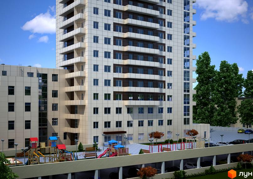 Житловий комплекс Панорама на Виставці: фасади будівель з вікнами та балконами, дитячий майданчик та парковка.