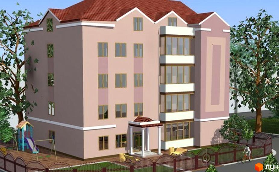 Зовнішній вигляд житлового комплексу Ваш Дом з дитячим майданчиком та парканом. Будинок має рожевий фасад та червоний дах.