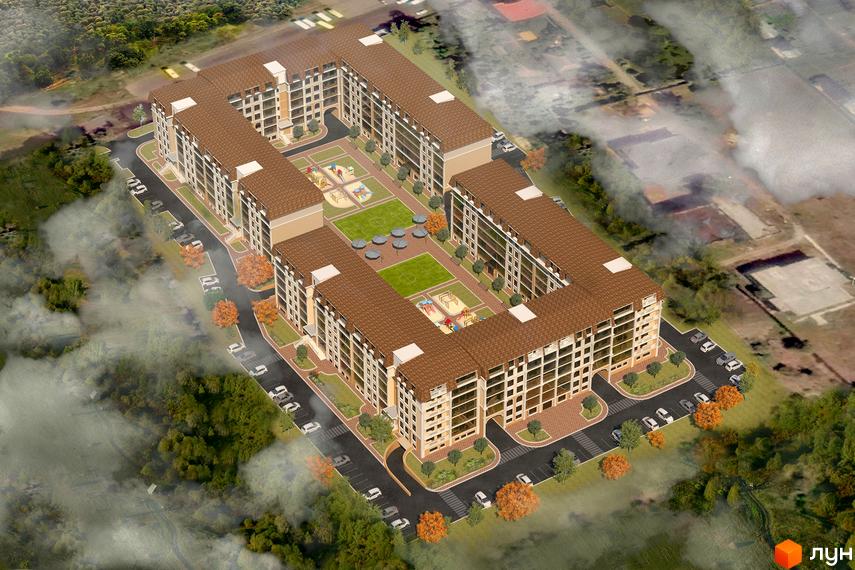 Житловий комплекс Club Marine - це багатоповерхові будинки з коричневим дахом та світлими фасадами, розташовані навколо внутрішнього двору з зеленими зонами та дитячими майданчиками. Навколо комплексу облаштовані паркувальні місця та зелені насадження.