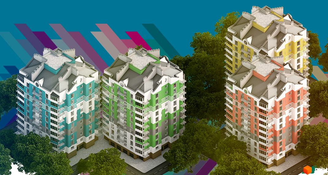 Житловий комплекс Паркове містечко: різнокольорові багатоповерхові будинки з балконами та сірими дахами, оточені зеленими деревами та фоном з геометричних фігур.