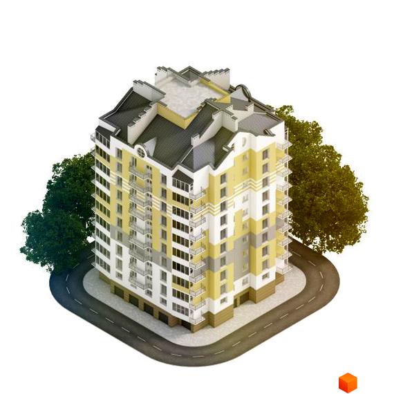 Житловий комплекс Паркове містечко: багатоповерхова новобудова з жовто-білим фасадом, балконами та зеленими деревами навколо.