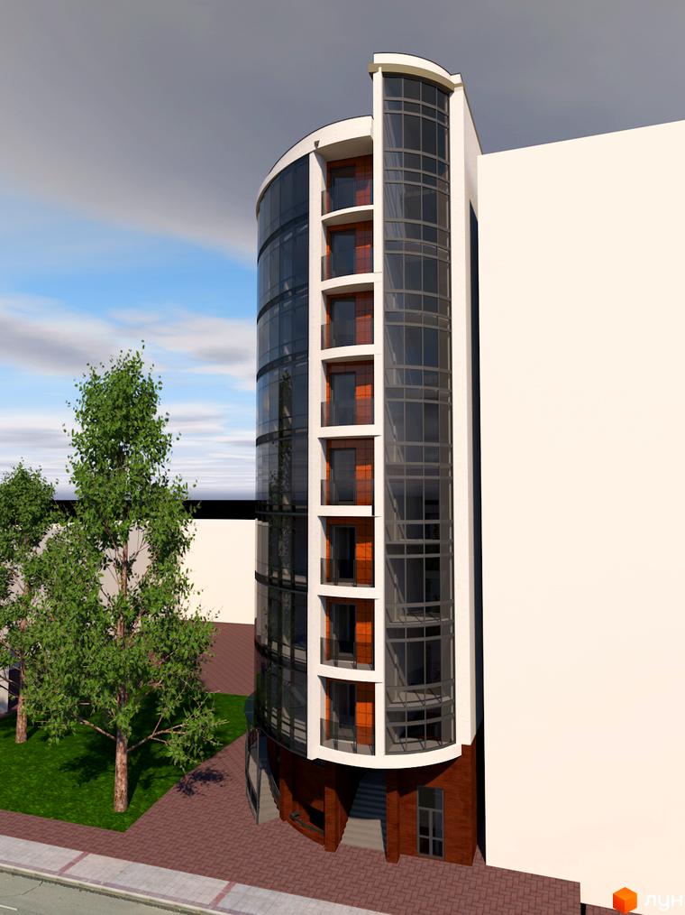 Житловий комплекс Premiere має вигнутий фасад з панорамними вікнами та балконами. Поруч розташований зелений газон з деревами.