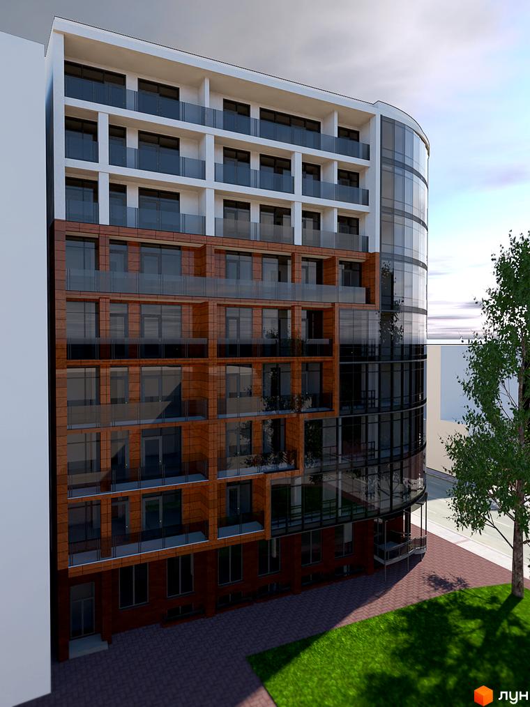 Будівельний проєкт ЖК Premiere з панорамним склінням та дерев'яними елементами фасаду. Біля будинку зелена галявина та бруківка.