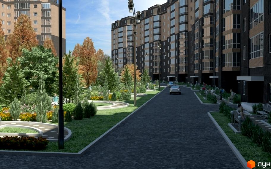 Житловий комплекс Набережний квартал: багатоповерховий будинок з прибудинковою територією, газоном та деревами вздовж дороги.