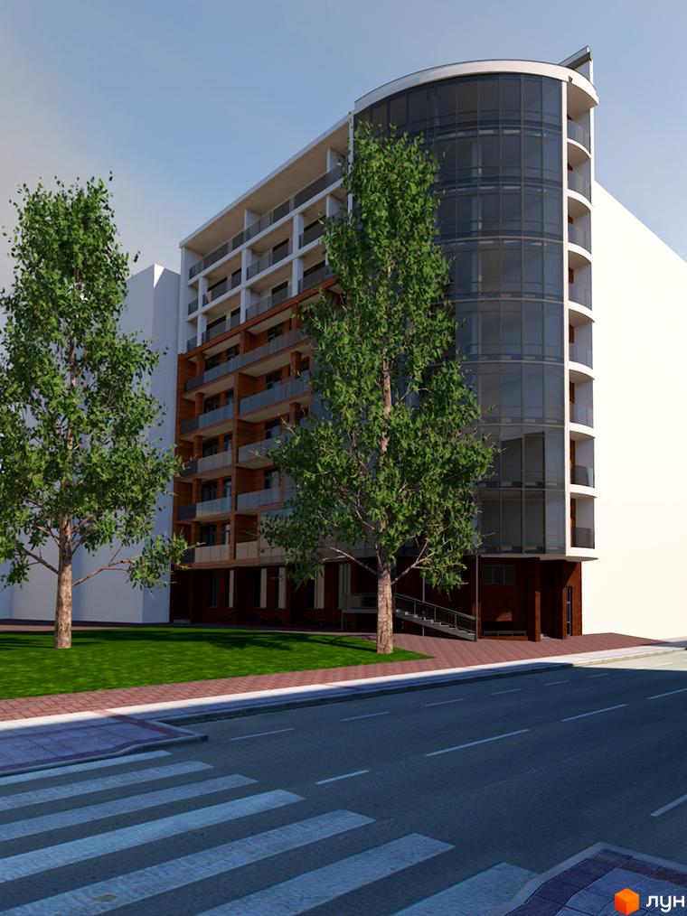 Зовнішній вигляд будинку ЖК Premiere з дерев'яними елементами та скляним фасадом. Поруч зелена зона та пішохідний перехід.