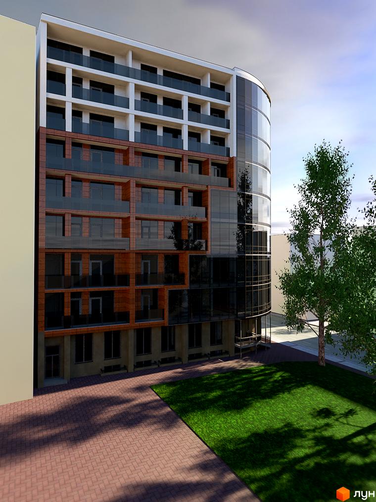 Зовнішній вигляд житлового комплексу Premiere з фасадом з цегли та скляними елементами. На прибудинковій території зелена галявина та доріжка з бруківки.