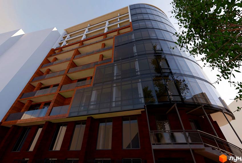 Зовнішній вигляд новобудови ЖК Premiere з цегляним фасадом та скляною криволінійною частиною. Балкони з скляними огорожами.