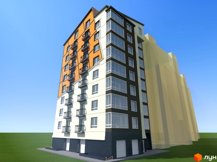 Екстер'єр будинку житлового комплексу на вулиці Іоана Павла ІІ. Багатоповерхівка з яскравим фасадом та балконами на тлі блакитного неба та зеленого газону.