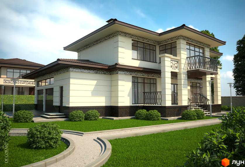 Котеджне містечко КМ Franko River Club. Екстер'єр двоповерхового будинку зі світлими фасадами, коричневим дахом та декоративними елементами. Доглянута прибудинкова територія з газоном та кущами.