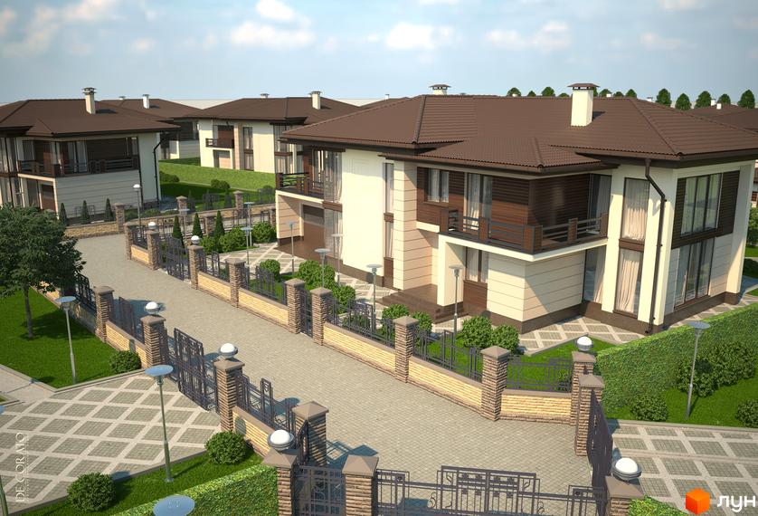 Котеджне містечко КМ Franko River Club: двоповерхові будинки з коричневими дахами та бежевими фасадами, огороджені парканом. Прибудинкова територія з доріжками та зеленими насадженнями.