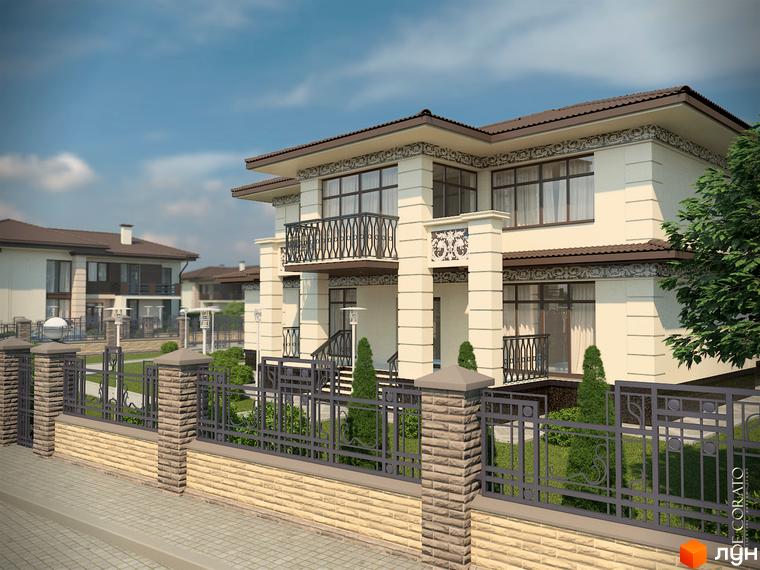 Котеджне містечко КМ Franko River Club. Зовнішній вигляд двоповерхових будинків з балконами та цегляною огорожею. Прибудинкова територія з газоном та деревами.