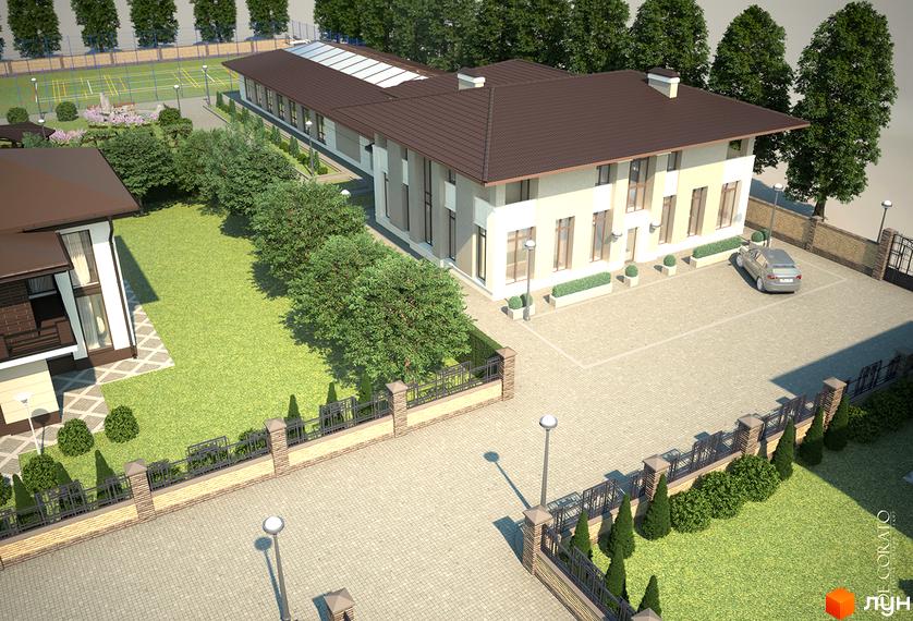 Комплекс Franko River Club з двома житловими будинками, зеленою галявиною, спортивним майданчиком та парковкою. Зовнішній вигляд новобудови та прибудинкова територія.